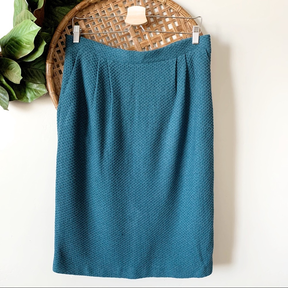 St John Couture Teal Tweed Pleated Pencil Skirt 12